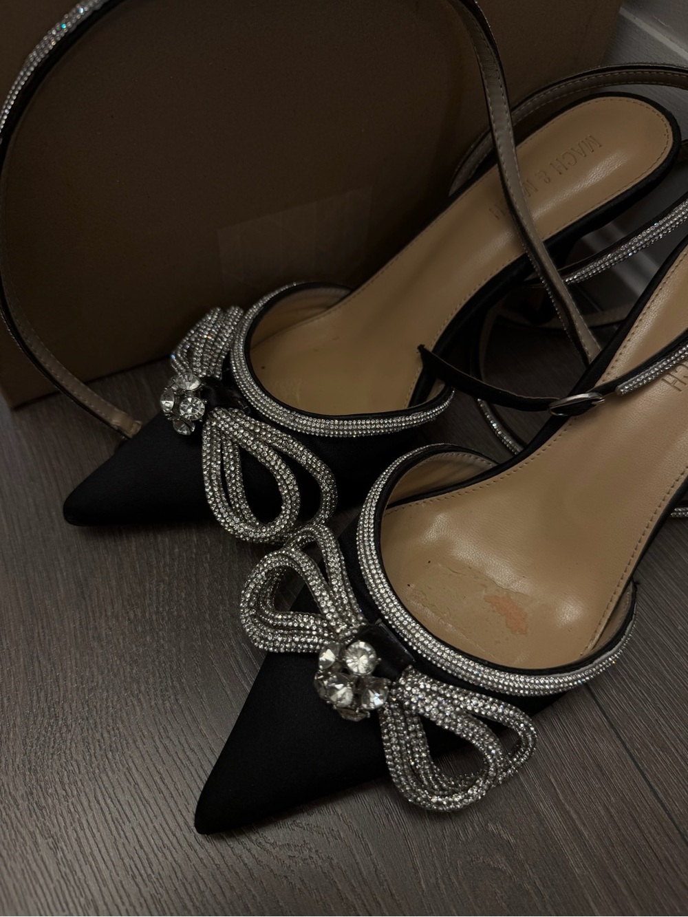 Black Satin Pointed Crystal-Embellished Slingback Heels - Picture 5 of 5